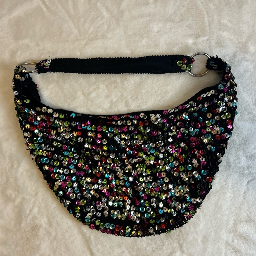 Vintage Y2K Sequin Shoulder bag black multicolor sparkle mini purse party bag - Picture 8 of 8